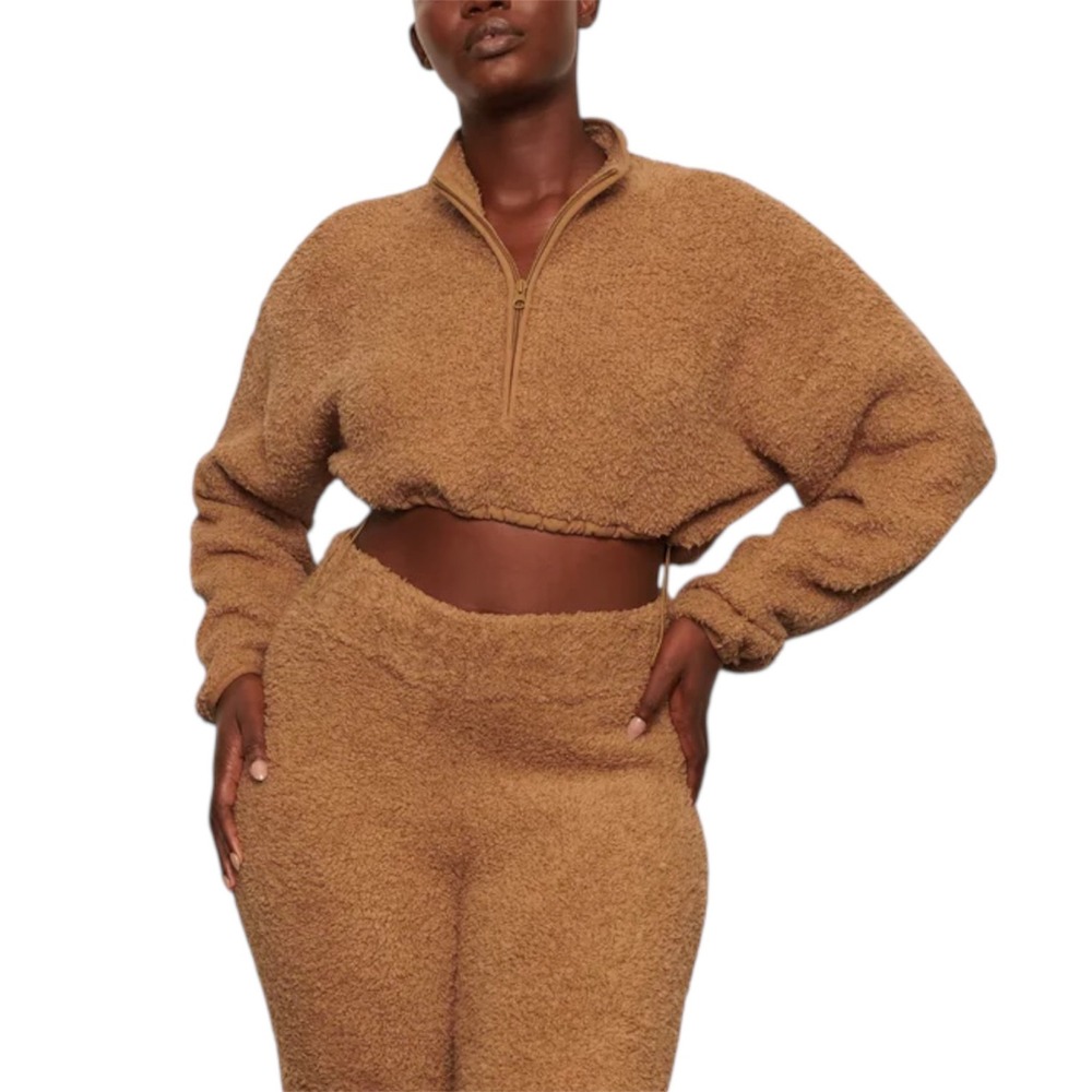SKIMS Camel Brown Cozy Knit Cropped Pullover Quarter Zip Sherpa Sweater Size S/M
